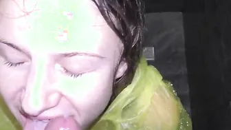 Freaky Gf Offered Fellatio with Raincoat Into Shower With Cum On Face