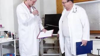 Young blonde Cayla Lyons examined and made to cum by two docs