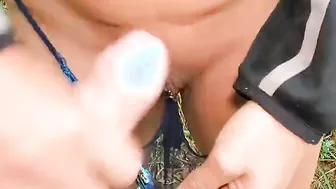 Cum into underwear inside the woods