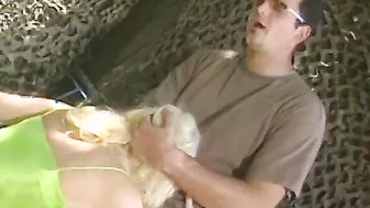 Guy plows babe blonde broad against tree