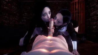 Morticia and Wednesday: Three-Way head  lickying