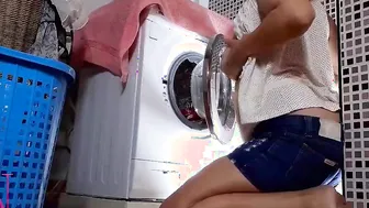 The maid washes her lingerie. one