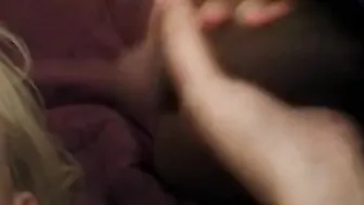 Pregnant blonde wearing ebony underwear shows off her vagina