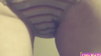 Desperate pee into shorts and lingerie on the stairs