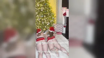 Wifey and gf surprise hubby with 3 way for Christmas - takes turns fucking