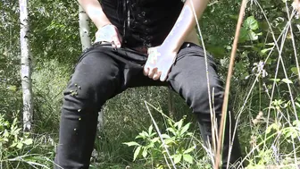 Peeing into the forest old MILF with a huge bush on her snatch.