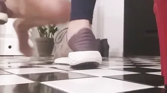 Surprise after training - submissive hubby. Licking toes sniffing sneakers jerking off.