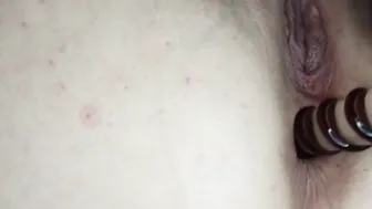 Bushy twat BBW mom stuffs booty with dildo