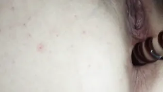 Bushy twat BBW mom stuffs booty with dildo