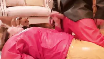 Sucking Off next door huge dick inside greased up rainpants and pvc boots