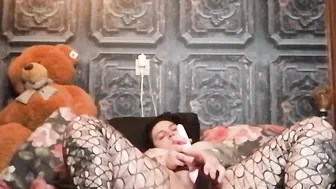 Freaky BBW teases you with fake boobies and masturbates