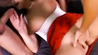 Men ram Women inside red skirt into three-way