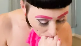 Ray Ray XXX shows her melons and fishnets before fucking her vibrator and jizzes upside down