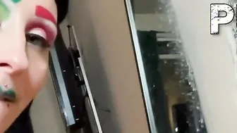 Ray Ray XXX shows her melons and fishnets before fucking her vibrator and jizzes upside down