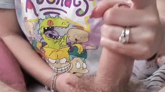Young wifey jerks him off cum in her mouth