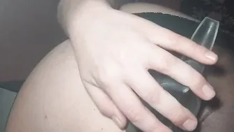 Anal speculum through transparent ebony panty