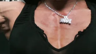 Long Breasted FBB Performs Pec Deck Muscle Explosion inside Gym