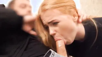 DEBT4k. Young debt collector throws a leg to the red-haired waitress