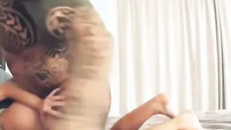 Slender bimbo fucks rough with huge male and monster cock