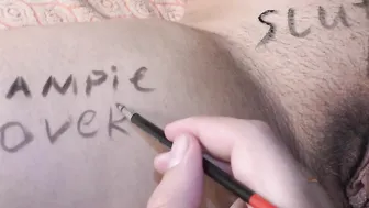 Huge boobed wifey with a unshaved cunt gotten some body writing on her Bae belly legs and melons - Milky