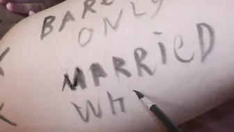 Huge boobed wifey with a unshaved cunt gotten some body writing on her Bae belly legs and melons - Milky