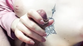 Jerking off his rough cock on my tiny hooters till gigantic creampie and rub it into my nipple