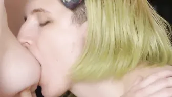 Bushy big titted dyke getting her holes licked during 3some