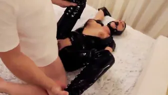 Skank Inside African Rubber Cat Suit with Gloves Pounded and