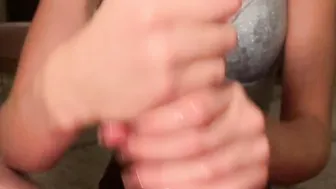 I try to got every last drop of cum from his nuts- fast hand job for nice jizzed