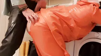 Hand Job and squirt on ex-wifes greased up rainwear and latex boots