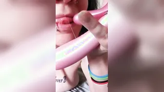 Skank ejaculates all over dildo dildo licks her own thick cum