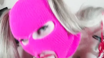 Women into pink mask and Christmas outfit suck toy and nailed snatch
