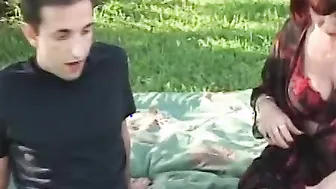 Ginger cougar is fuck outdoor by a stud then getting