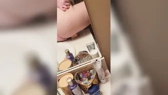 Rides my toy on the WC counter 