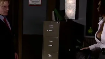 Slutty dark haired secretary Dylan Ryder blows and fucks on the desk