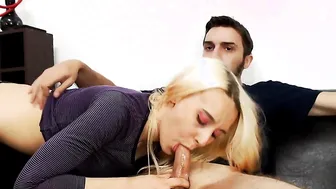 Blonde cougar sucking off and rides him for a big cumshot