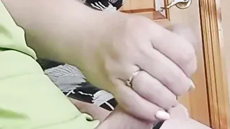 the bitch jerks off my penis into the waiting room