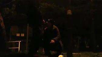 She drinks piss and cum inside a outside park while traffic passes