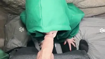 Girls inside hoodies sucking off penis - fellatio 3some