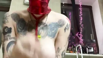 Skank training blowjon into red sub mask