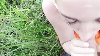 Concealed outside risky outdoors bj into during walking with stranger and cum inside her mouth - Nata Sweet