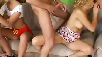 2 nasty chick gotten nailed by 3 dicks on couch