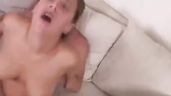 Bro has steamy sex with big titted GF on white sofa