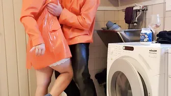 Greasing up big titted into raincoat and pvc boots