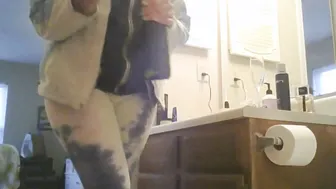 Daddy hates it when I leave a mess. I peed my leggings his restroom and mopped it with my blonde