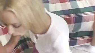 Horny blond getting double-teamed on bed