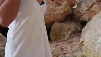 Spanish bimbos drink cum at beach