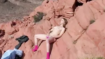 Little April with Natural hooters Finger Fuck at rocky Outside