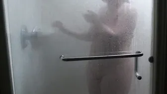 Nerdy White Cougar Takes Quick Shower at the Hotel