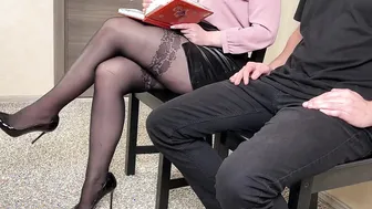 Pulled a penis into front of a stranger with super sexy legs inside stockings